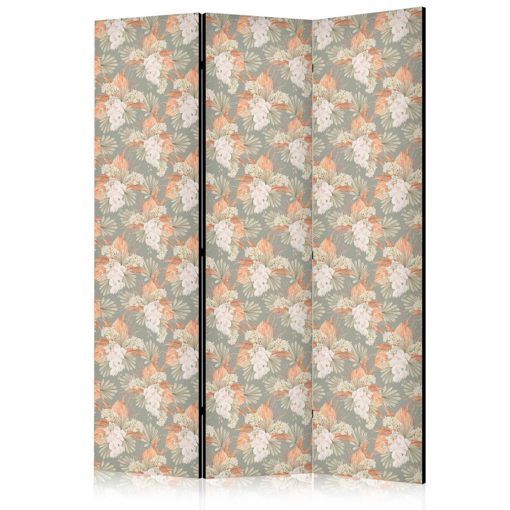 Room Divider - Little Bouquets - Exotic Flowers and Leaves on a Gray-Green Background