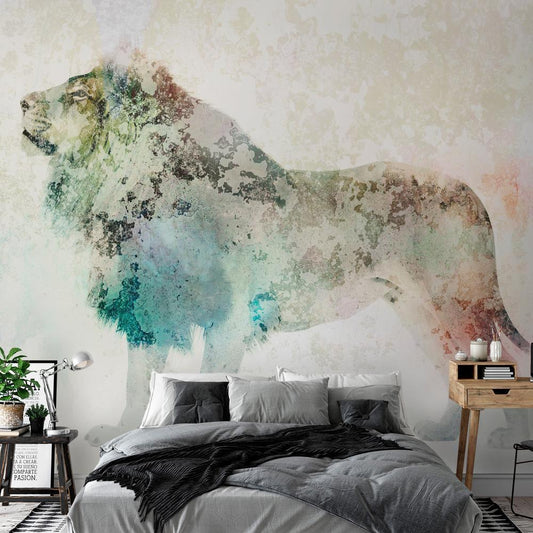 Wall Mural - King of the animals - lion on a solid textured background with coloured accent-Wall Murals-ArtfulPrivacy