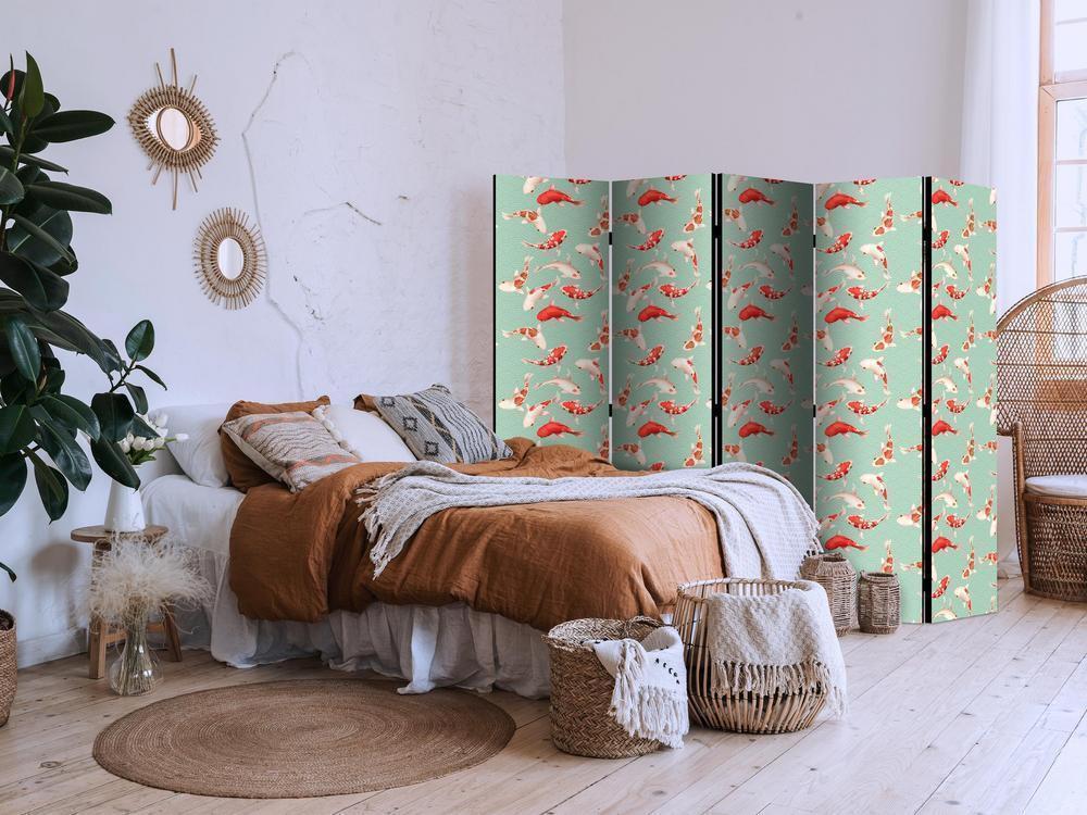 Room Divider - Fish And Japanese Pattern - Koi Fish in Orange-Cream Colors on a Green-Mint Background With An Oriental Pattern- A 5 Panel Folding Screen For Living rooms, bedrooms or home office, decorative folding screen made with wood and canvas