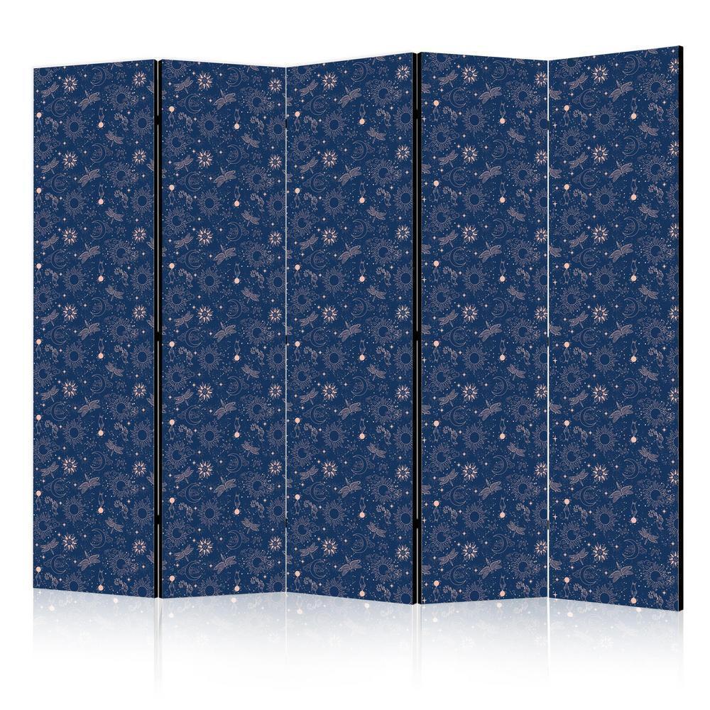 Room Divider - Cosmic Fantasy - Pattern with Suns Moons and Dragonflies on a Dark Background- A 5 Panel Folding Screen For Living rooms, bedrooms or home office, decorative folding screen made with wood and canvas