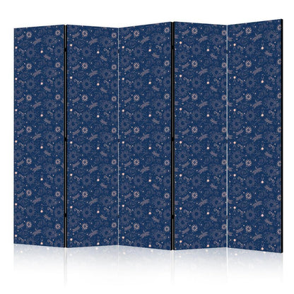 Room Divider - Cosmic Fantasy - Pattern with Suns Moons and Dragonflies on a Dark Background- A 5 Panel Folding Screen For Living rooms, bedrooms or home office, decorative folding screen made with wood and canvas