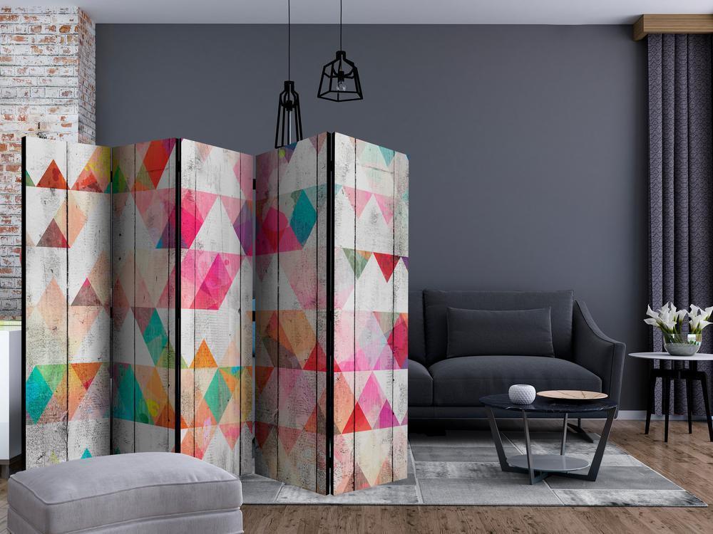 Room Divider - Rainbow Triangles II- A 5 Panel Folding Screen For Living rooms, bedrooms or home office, decorative folding screen made with wood and canvas