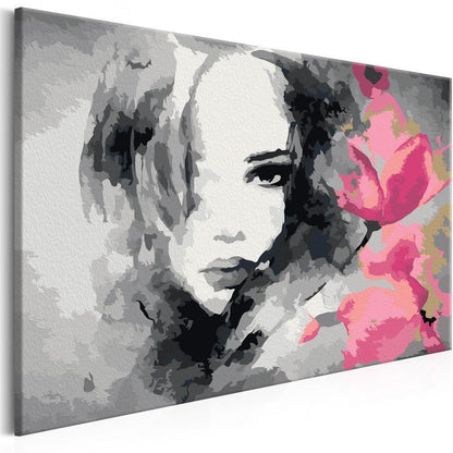 Start learning Painting - Paint By Numbers Kit - Black & White Portrait With A Pink Flower - new hobby