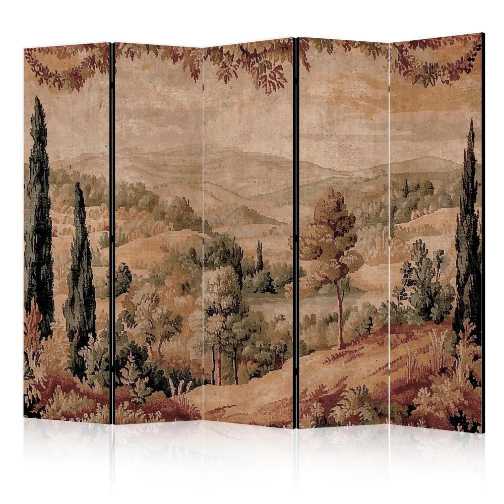 Room Divider - Landscape with Cypresses - Old Tapestry with Mediterranean Vegetation- A 5 Panel Folding Screen For Living rooms, bedrooms or home office, decorative folding screen made with wood and canvas