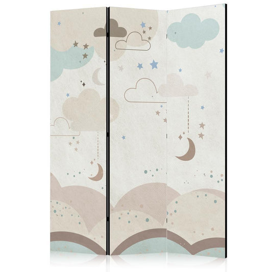 Room Divider - Cloudy Night Sky - Moons in Browns and Beiges Amid Numerous Clouds and Stars on a Light Background