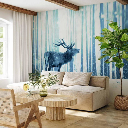 Papier peint - Animaux d'hiver - motif de cerf sur fond de forêt dans les tons de bleu