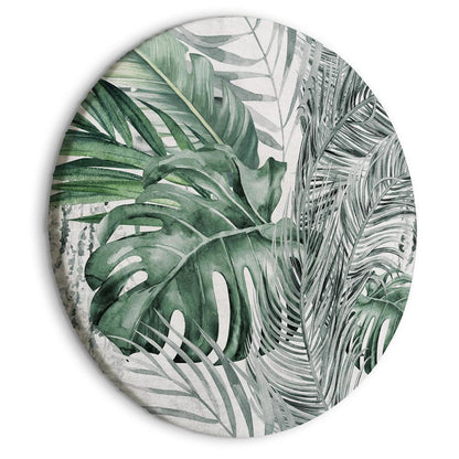 Circle shape wall decoration with printed design - Round Canvas Print - Exotic flora - A variety of tropical vegetation in shades of celadon and sage green/Dense jungle - ArtfulPrivacy