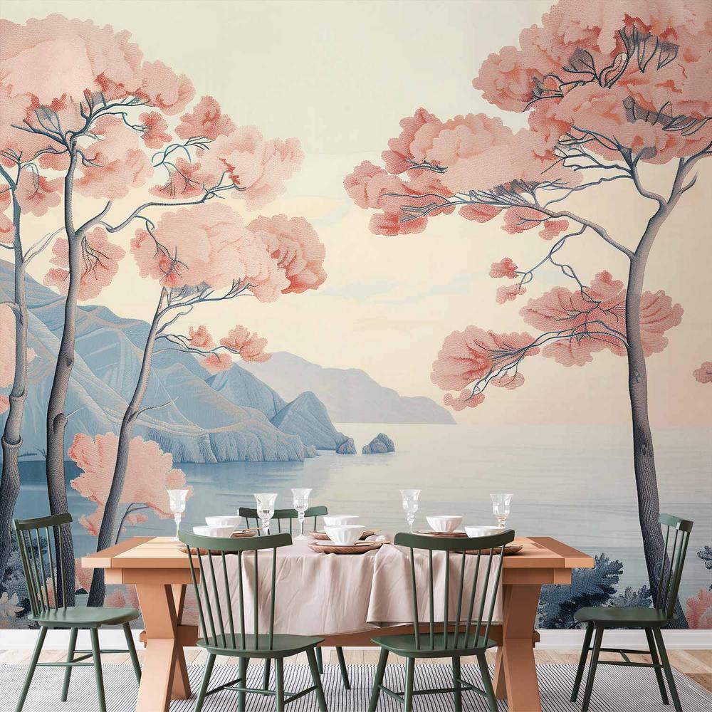 Wall Mural - Landscape with the Ocean Cliffs and Trees in Delicate Pink Shades