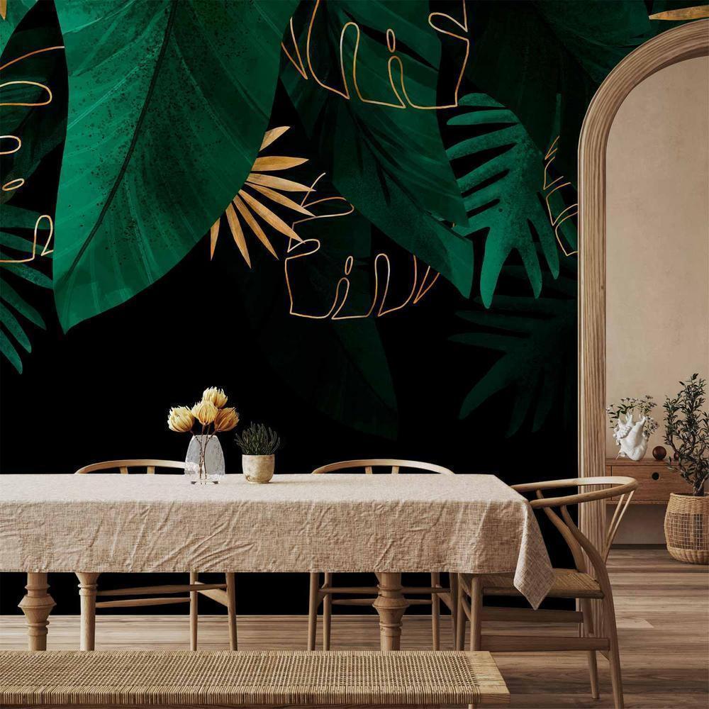 Wall Mural - Jungle and composition - motif of green and golden leaves on a black background