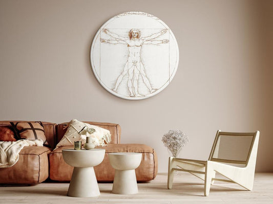 Circle shape wall decoration with printed design - Round Canvas Print - Vitruvian Man by Leonardo Da Vinci - A Drawing of the Proportions of a Man’s Body - ArtfulPrivacy