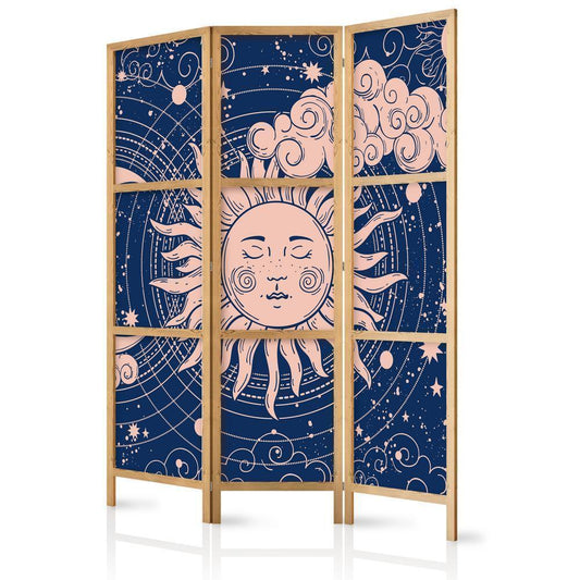 Japanese Room Divider - Cosmic Harmony - Illustration of the Sun and Moon on a Navy Background