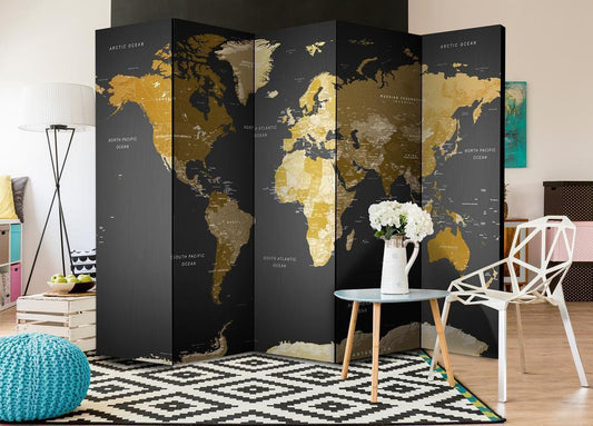 Decorative partition-Room Divider - World map on dark background-Folding Screen Wall Panel by ArtfulPrivacy
