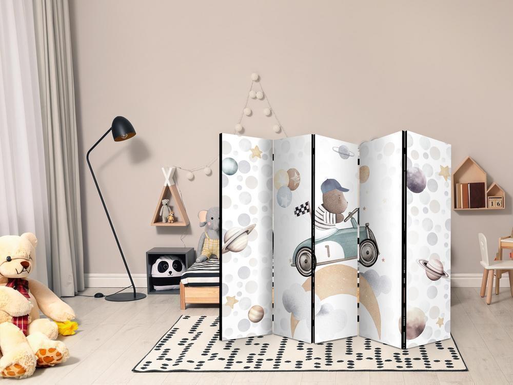 Room Divider - Galactic Races - Bear Participating in Car Races Among Planets - Clouds - and Stars in Pastel Hues- A 5 Panel Folding Screen For Living rooms, bedrooms or home office, decorative folding screen made with wood and canvas