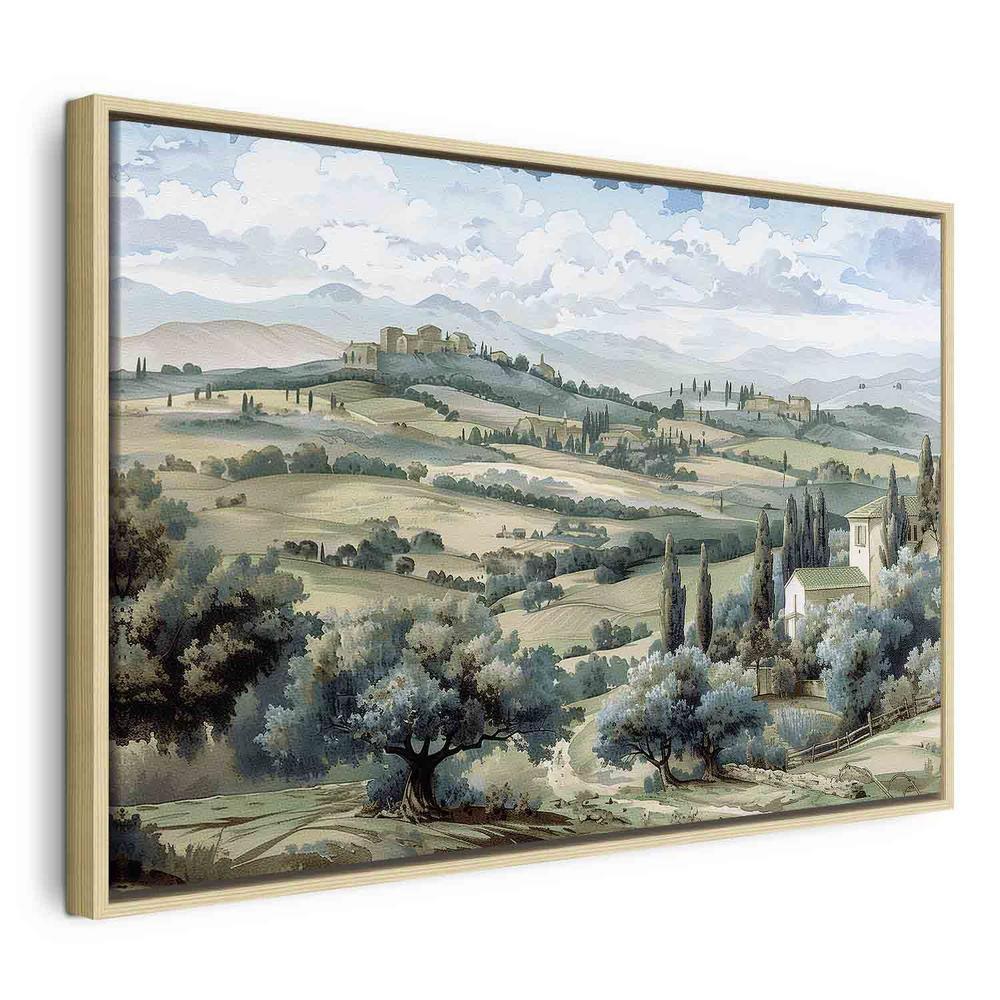 Impression sur toile - Paysage avec champs verts et arbres Vue ensoleillée de Toscane