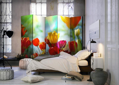 Decorative partition-Room Divider - Spring Tulips II-Folding Screen Wall Panel by ArtfulPrivacy