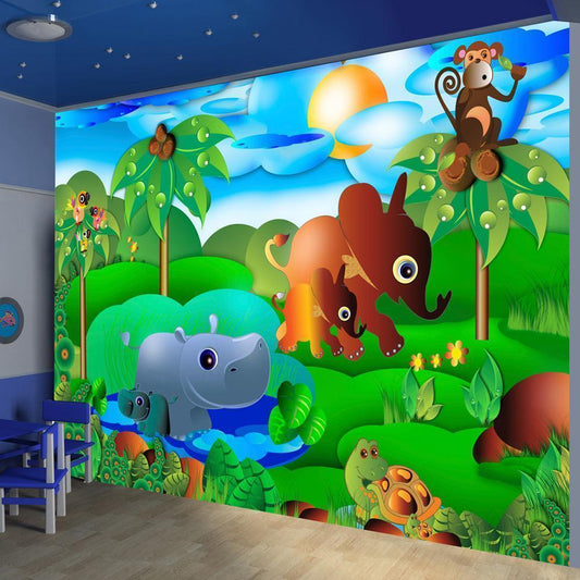 Wall Mural - Wild Animals in the Jungle - Elephant monkey turtle with trees for children-Wall Murals-ArtfulPrivacy