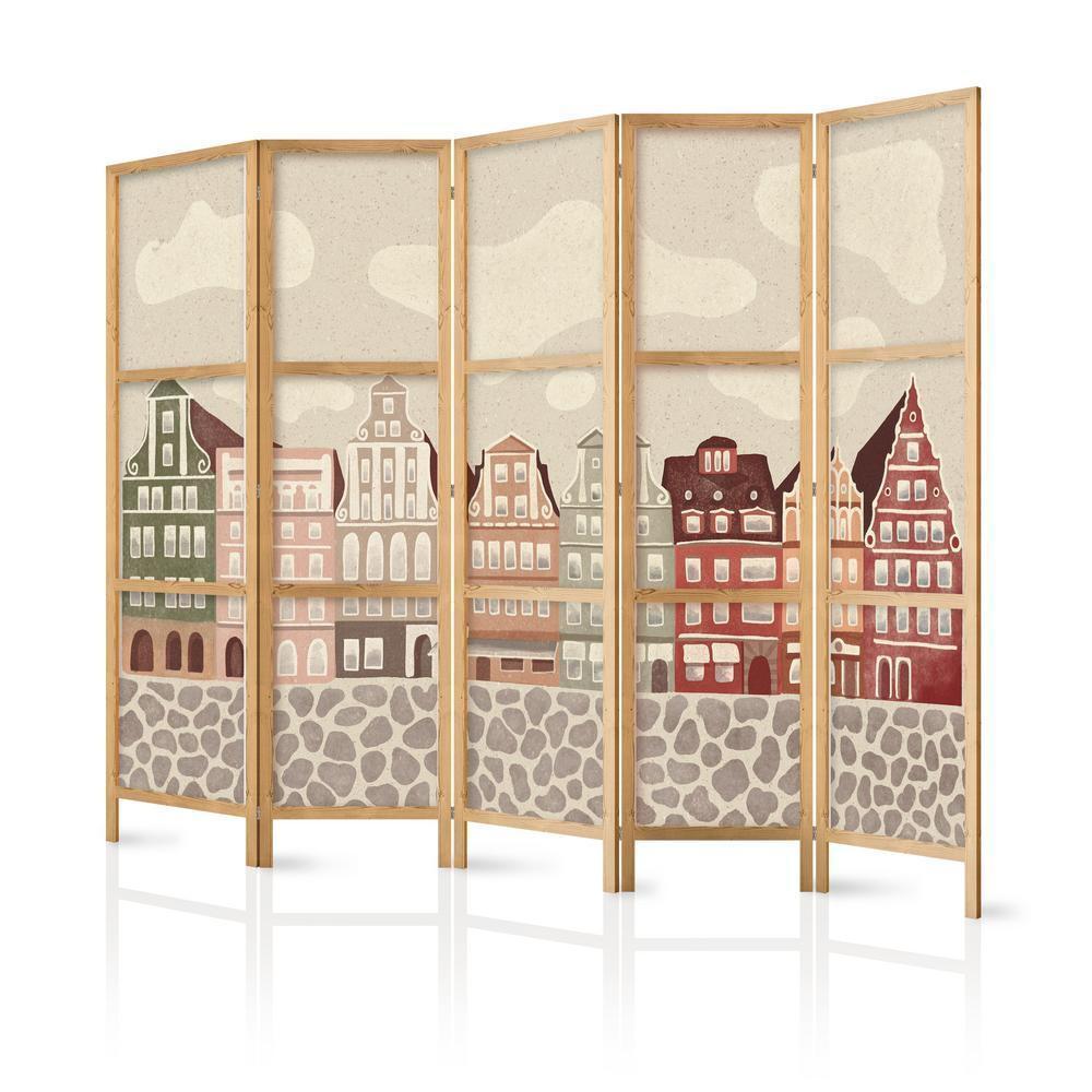 Japanese Room Divider - Solny Square - Colorfully Illustrated Townhouses Against a Sky with Clouds