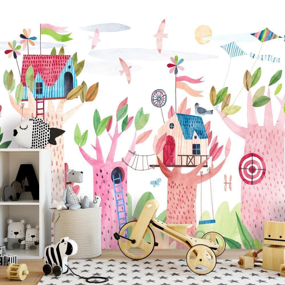 Wall Mural - Painted tree houses - a colourful fantasy with kites for children-Wall Murals-ArtfulPrivacy