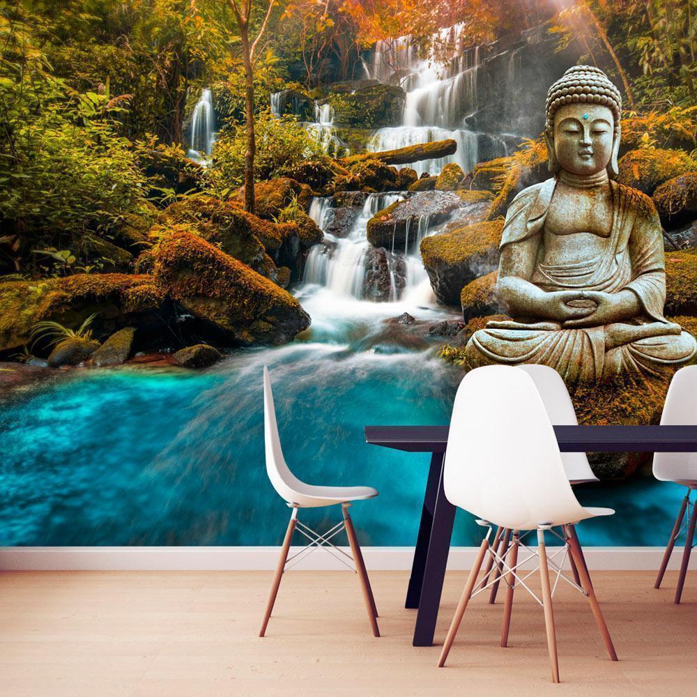Wall Mural - Orient - landscape with Buddha sculpture on a background of a waterfall and exotic forest-Wall Murals-ArtfulPrivacy