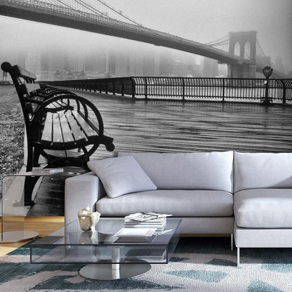 Wall Mural - Autumn Day in New York - Architecture of a city bridge in foggy weather-Wall Murals-ArtfulPrivacy