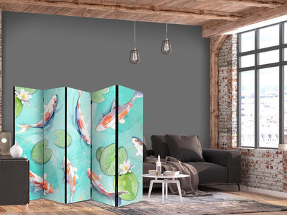 Room Divider - Spectacular Koi Fish - White-Orange Koi Fish Swimming in Crystal Clear Water With Water Lilies- A 5 Panel Folding Screen For Living rooms, bedrooms or home office, decorative folding screen made with wood and canvas