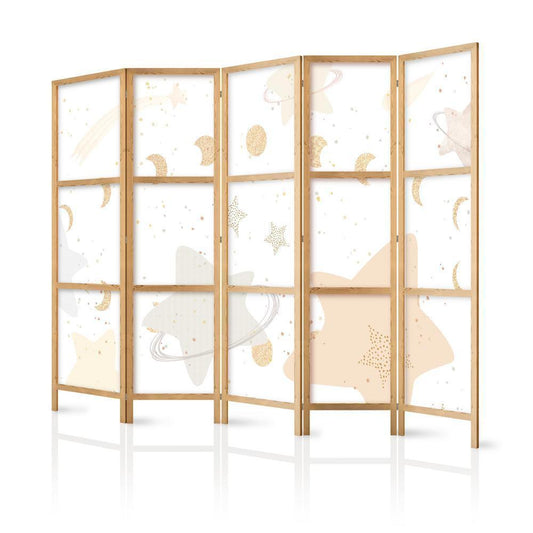 Japanese Room Divider - Fairy-Tale Galaxy - Moon phases in shades of yellow among stars in beige and ash colors with stardust