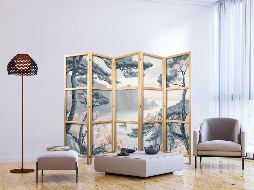 Japanese Room Divider - Mountainous Coastline with Trees and Rocks in Light Pastel Blues