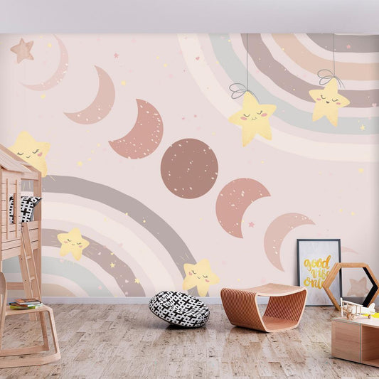 Wall Mural - Phases of the Moon Among Stars and Rainbows-Wall Murals-ArtfulPrivacy