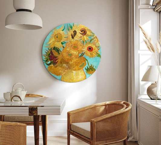 Circle shape wall decoration with printed design - Round Canvas Print - Vase with Twelve Sunflowers (Vincent van Gogh) - ArtfulPrivacy