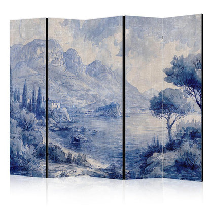 Room Divider - Italian Landscape - Lake Como Painted in Shades of Blue- A 5 Panel Folding Screen For Living rooms, bedrooms or home office, decorative folding screen made with wood and canvas