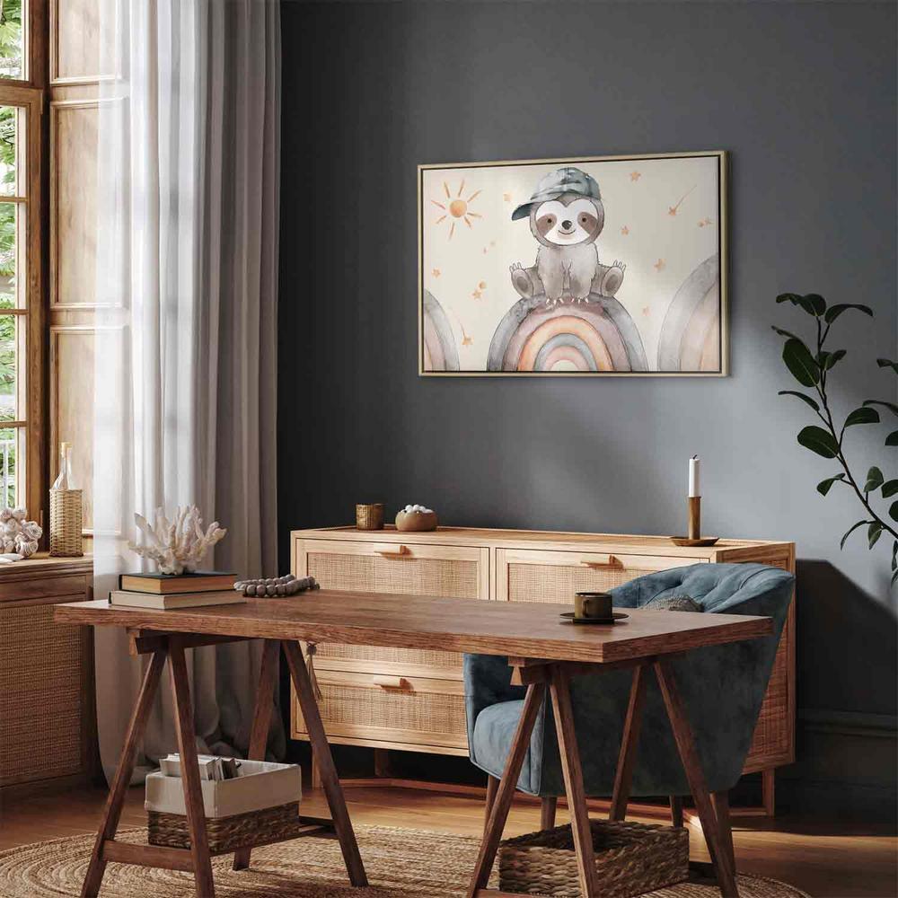 Canvas Print - Happy Sloth - Sloth in Subdued Colors Wearing a Cap Sitting on a Rainbow Among Little Stars