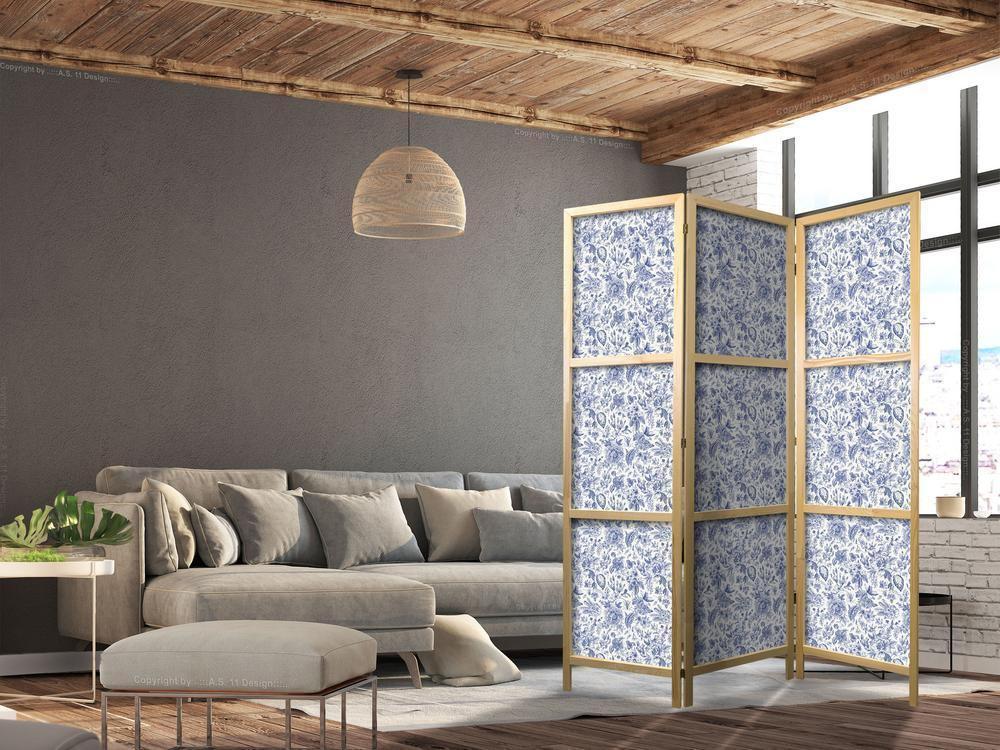 Japanese Room Divider - Illustration in Vintage Style - Blue Flowers on a White Background