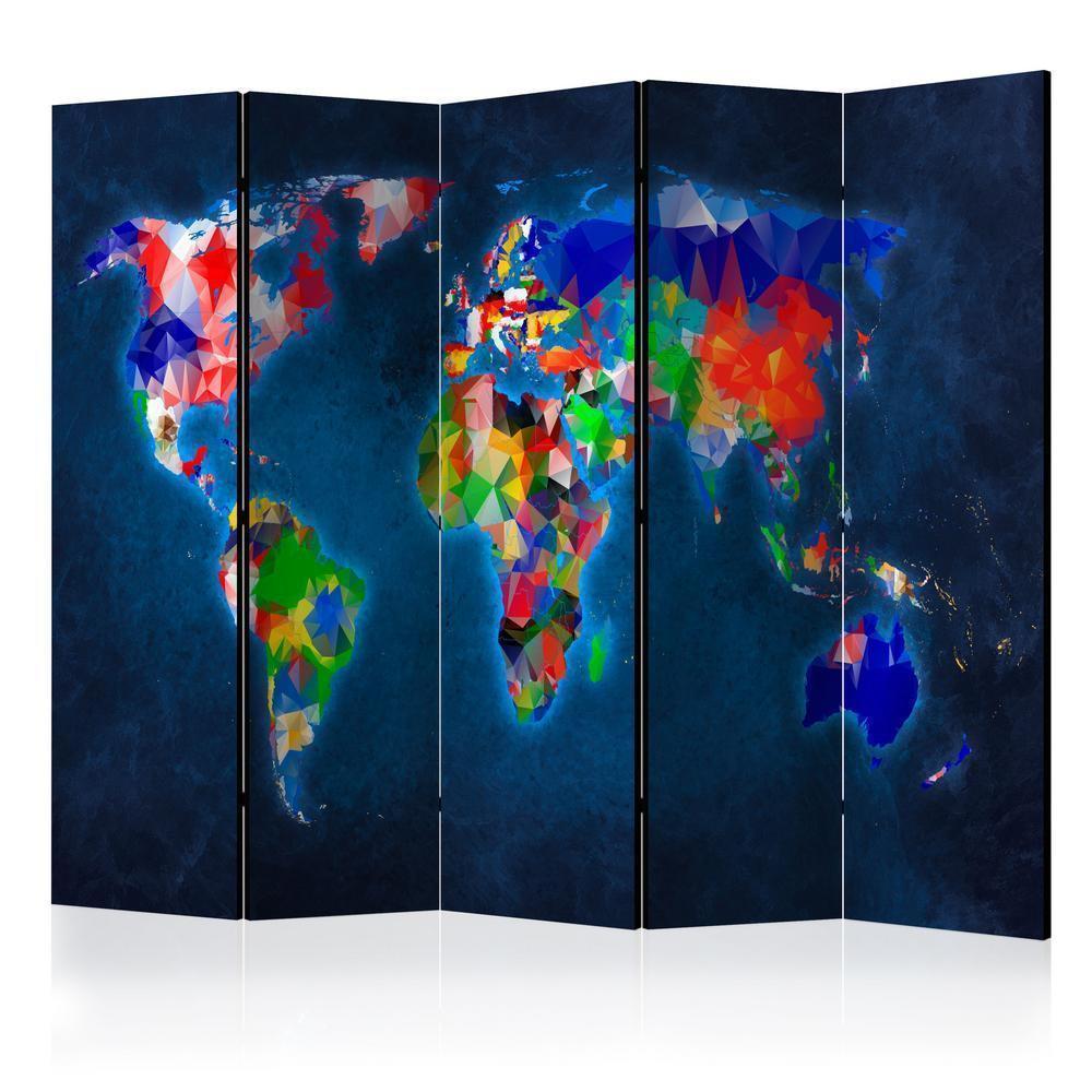 Room Divider - Colorful map- A 5 Panel Folding Screen For Living rooms, bedrooms or home office, decorative folding screen made with wood and canvas