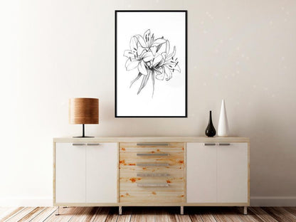 Black and White Framed Poster - Sketch of Lillies-artwork for wall with acrylic glass protection