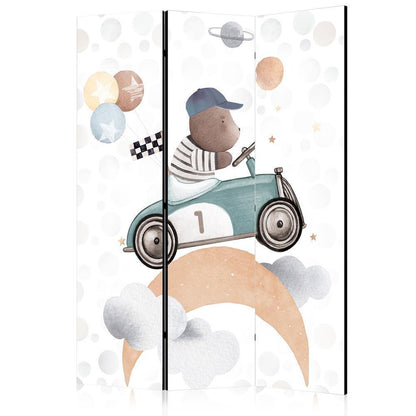 Room Divider - Galactic Races - Bear Participating in Car Races Among Planets - Clouds - and Stars in Pastel Hues