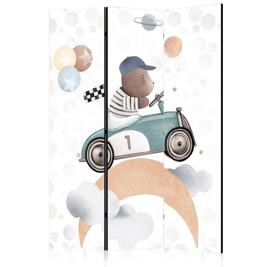 Room Divider - Galactic Races - Bear Participating in Car Races Among Planets - Clouds - and Stars in Pastel Hues