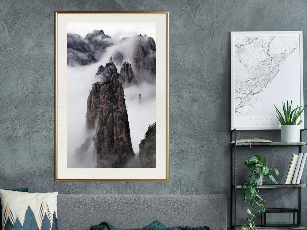 Framed Art - Clouds Pierced by Mountain Peaks-artwork for wall with acrylic glass protection