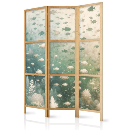 Japanese Room Divider - Fish and Diverse Vegetation - Grouping of Fish in Pastel Subdued Colors Among Oceanic Vegetation