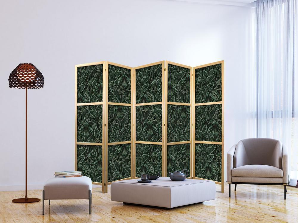 Japanese Room Divider - Dense Vegetation - Botanical Patterns in Illustrative Style Green