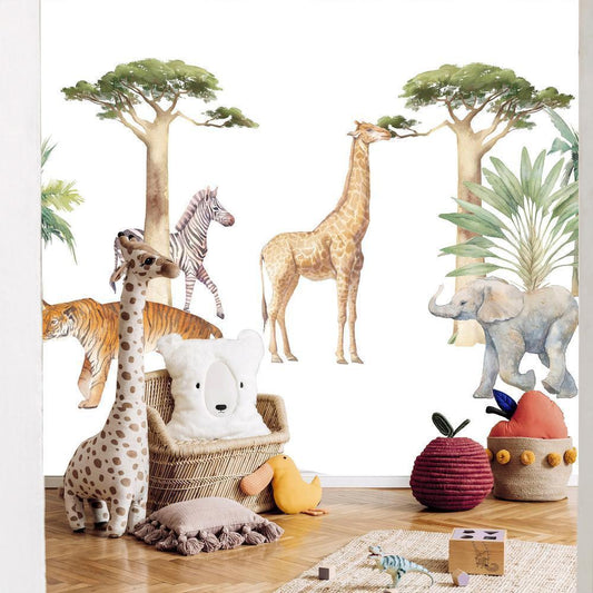 Wall Mural - Jungle Animals on White Background Made With Watercolour Technique-Wall Murals-ArtfulPrivacy