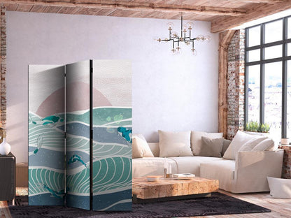 Room Divider - Picturesque Landscape With Fish - Sunset And Koi Fish in Shades of Turquoise And Blue Floating Above The Water