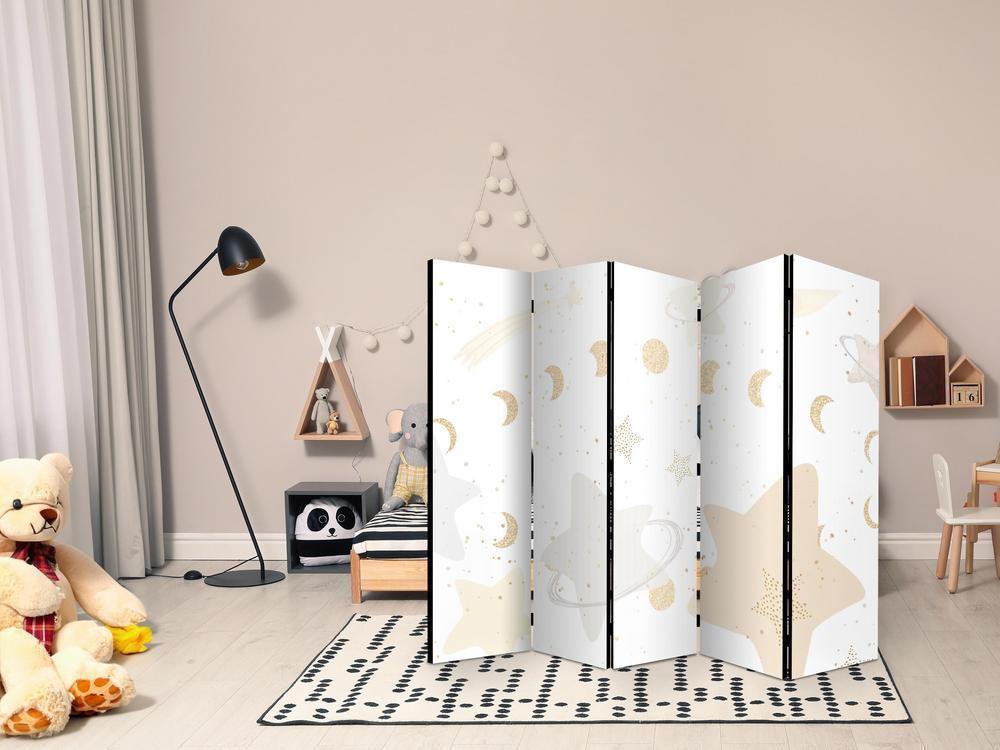 Room Divider - Fairy-Tale Galaxy - Moon Phases in Shades of Yellow Among Stars in Beige and Ash Colors with Stardust- A 5 Panel Folding Screen For Living rooms, bedrooms or home office, decorative folding screen made with wood and canvas