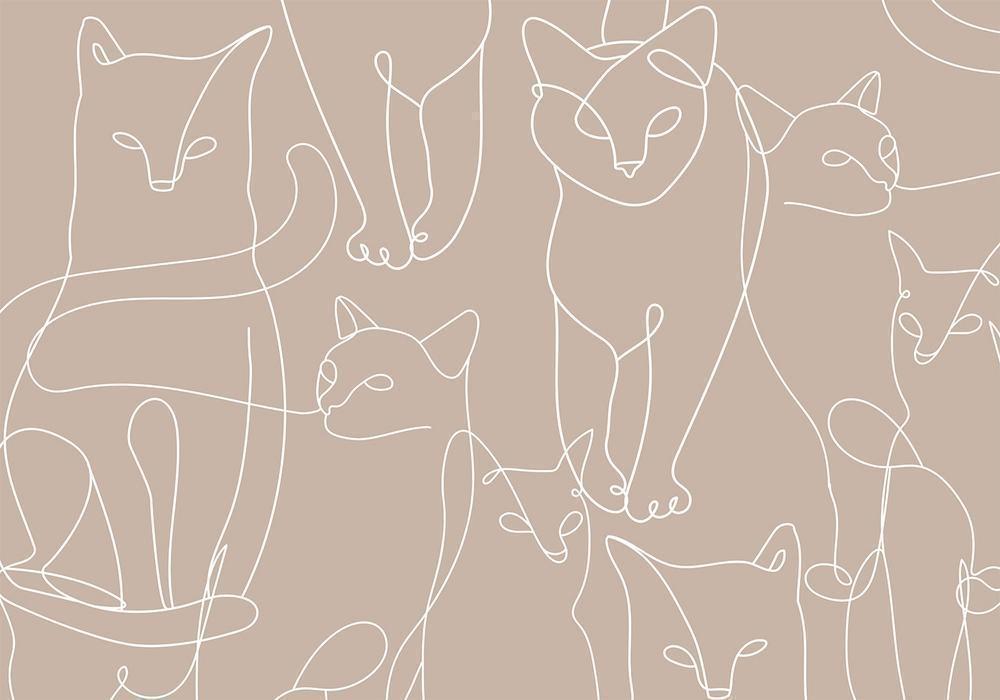 Wall Mural - Cat lineart - minimalist sketches of white cats on beige background-Wall Murals-ArtfulPrivacy