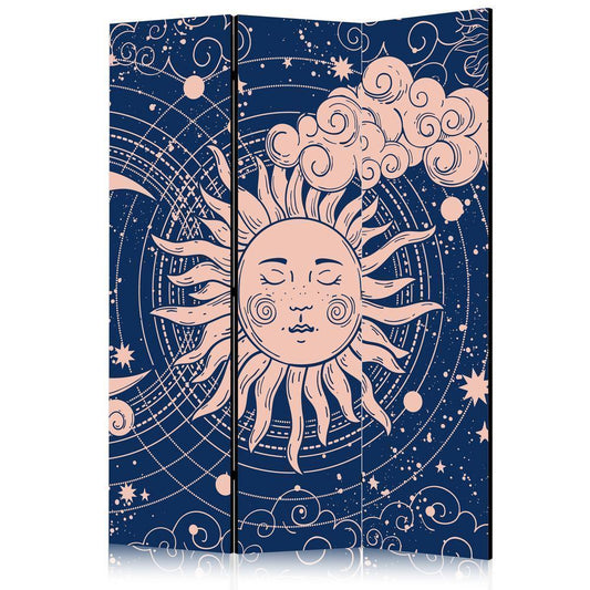 Room Divider - Cosmic Harmony - Illustration of the Sun and Moon on a Navy Background