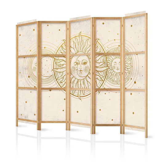 Room Divider - Golden Sun and Moon - Artistic Retro Style Illustration- A 5 Panel Folding Screen For Living rooms, bedrooms or home office, decorative folding screen made with wood and canvas