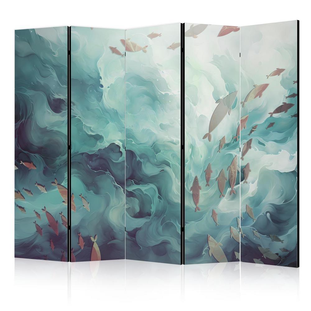 Room Divider - Three Schools of Fish - Fish in Muted Colors Swimming in Groups in Oceanic Depths- A 5 Panel Folding Screen For Living rooms, bedrooms or home office, decorative folding screen made with wood and canvas