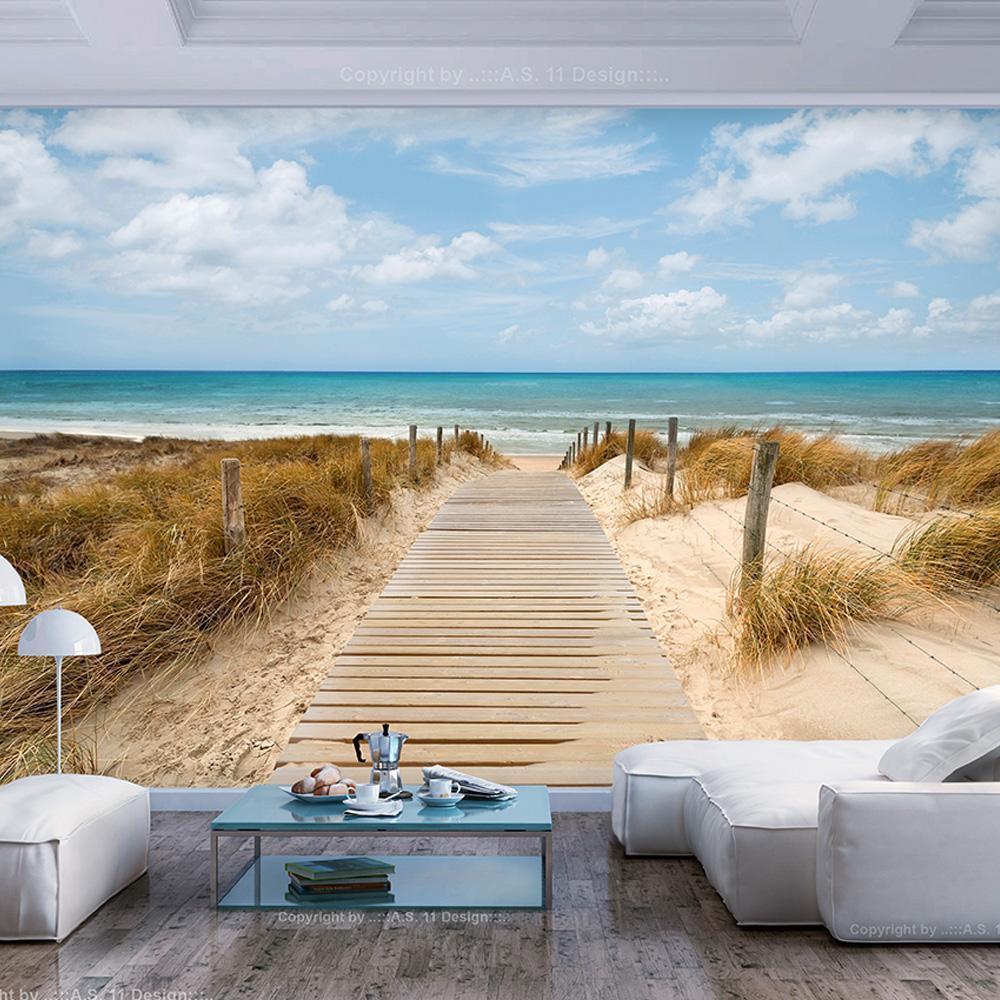 Wall Mural - Vacation Landscape - Wooden Path Leading to the Tranquil Sea-Wall Murals-ArtfulPrivacy