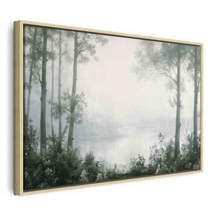 Impression sur toile - Paysage rétro avec arbres et étang dans des tons verts patinés