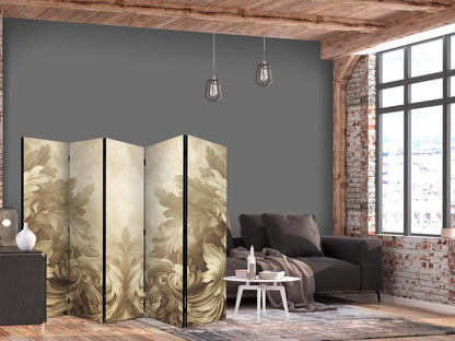 Room Divider - Carved Baroque Ornaments - Rich Composition in Sepia Colors- A 5 Panel Folding Screen For Living rooms, bedrooms or home office, decorative folding screen made with wood and canvas