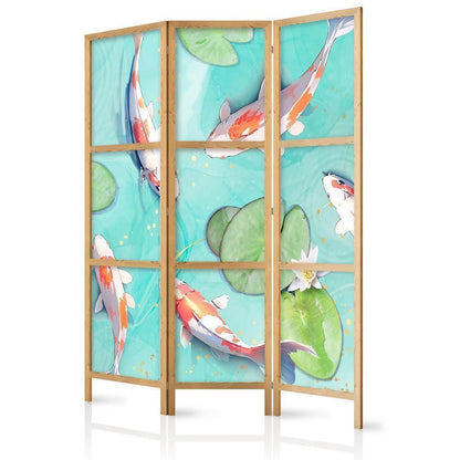 Japanese Room Divider - Spectacular Fish - White-Orange Koi Fish Swimming in Crystal Clear Water with Water Lilies